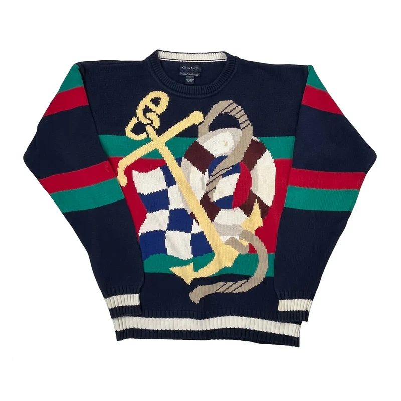 Hand Intarsia Gant Graphic Jumper - Medium Navy Cotton