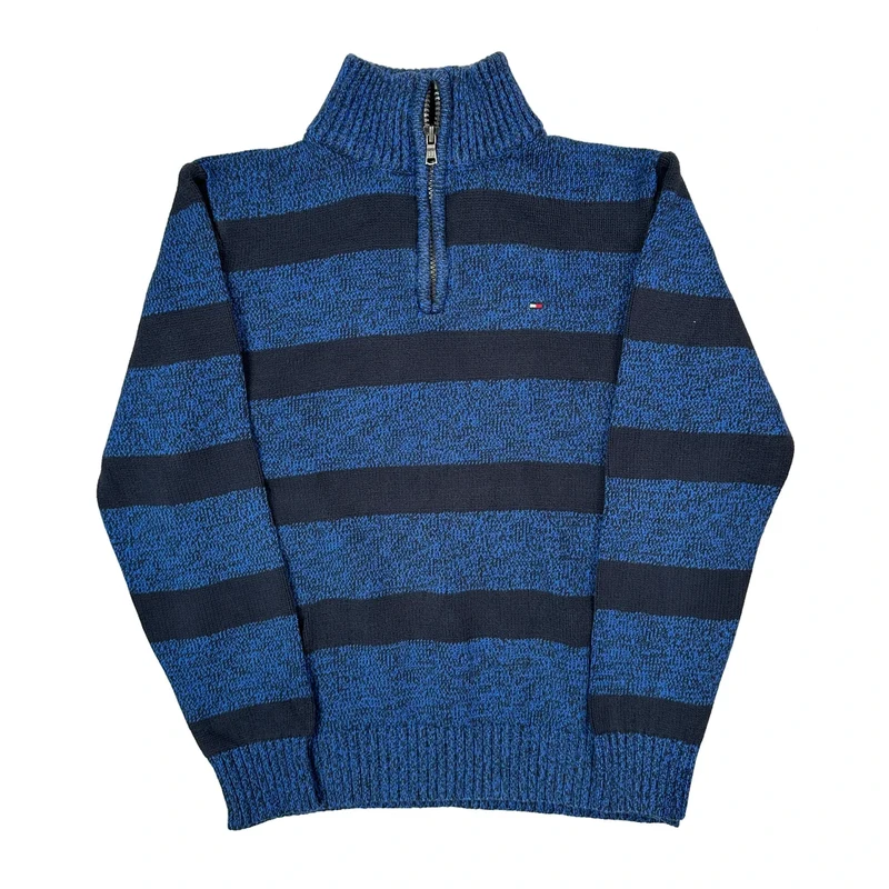 Age 12-14 Tommy Hilfiger Striped 1/4 Zip - Medium Blue Cotton