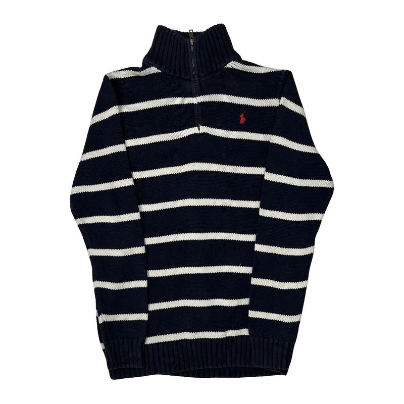 Age 10-12 Polo By Ralph Lauren Striped 1/4 Zip - Large Navy Cotton