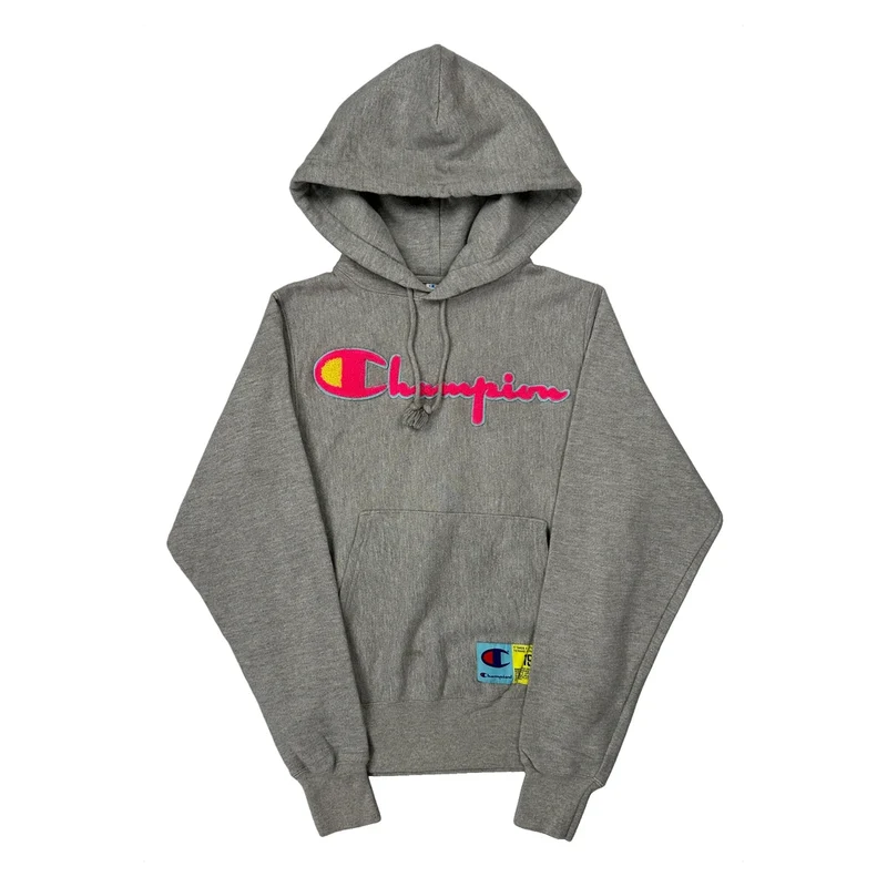 Reverse Weave Champion Spellout Hoodie - XS Grey Cotton Blend