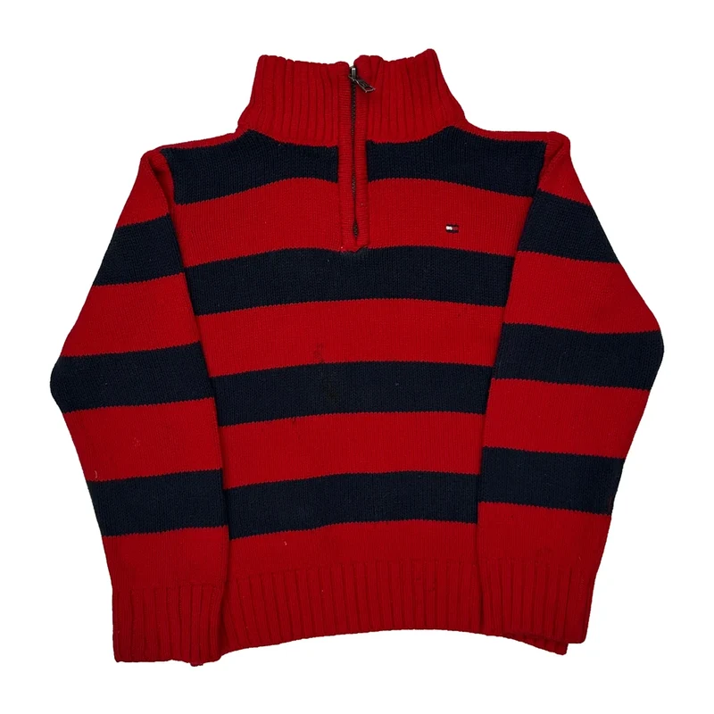 Age 3 Tommy Hilfiger Striped 1/4 Zip - XS Red Cotton