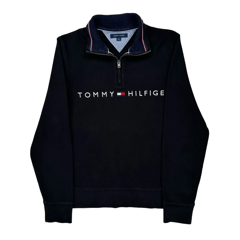 Tommy Hilfiger Spellout 1/4 Zip - Small Black Cotton