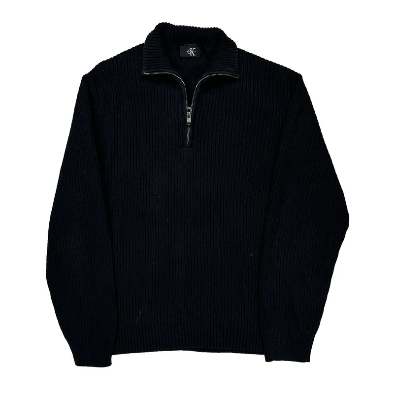 Y2K Calvin Klein Ribbed Knit 1/4 Zip - XL Black Cotton
