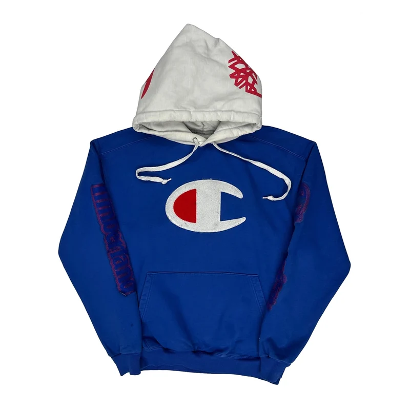 Reverse Weave Champion Graphic Hoodie - Large Blue Cotton Blend