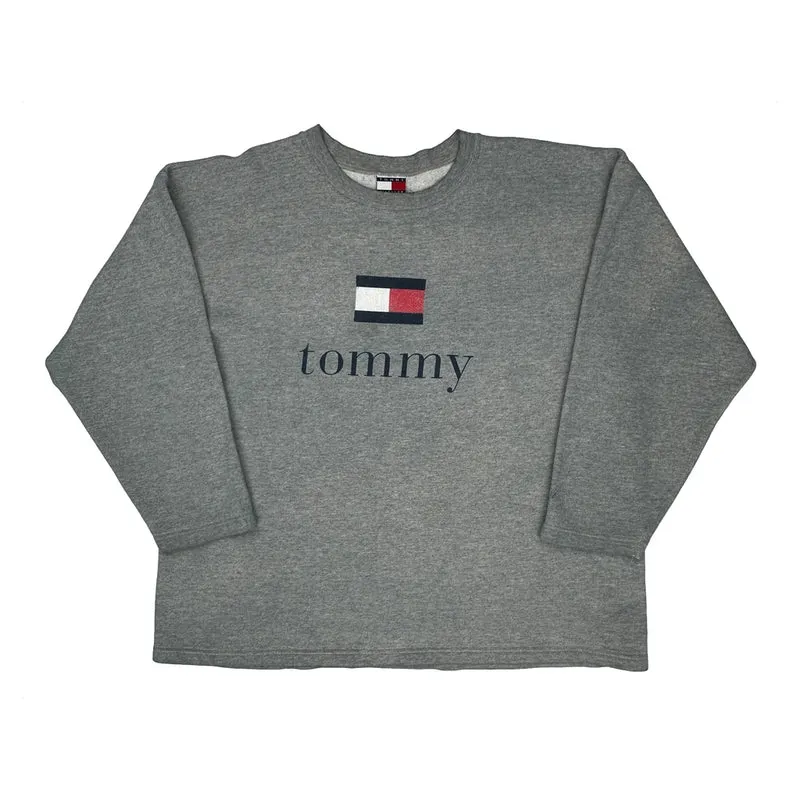 90S Tommy Hilfiger Spellout Sweatshirt - XL Grey Cotton