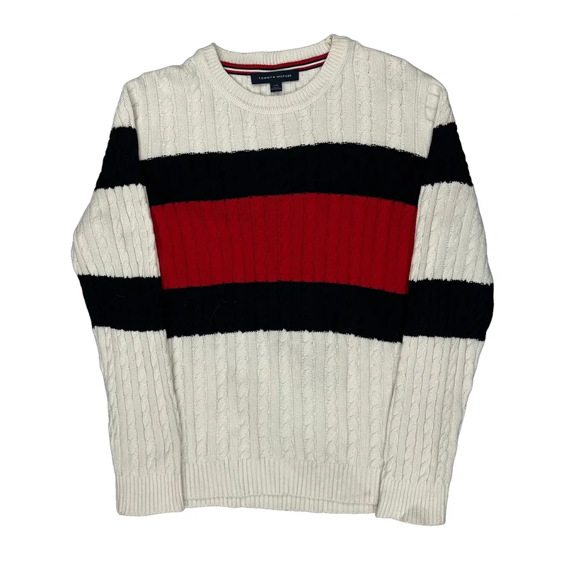 Tommy Hilfiger Striped Jumper - Large White Cotton
