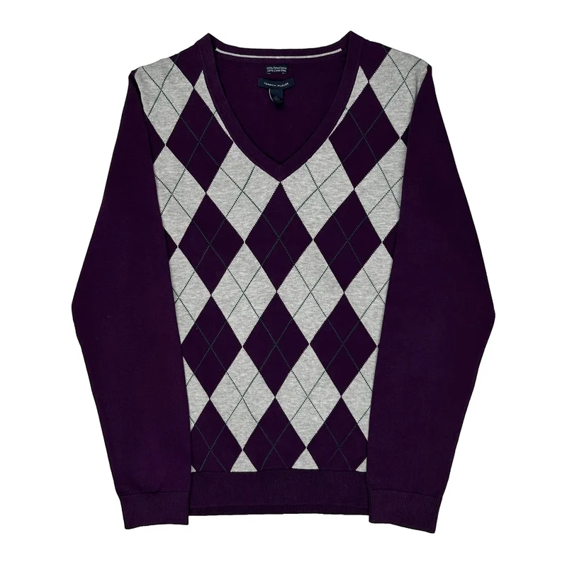 Tommy Hilfiger Argyle Jumper - Large Purple Cotton