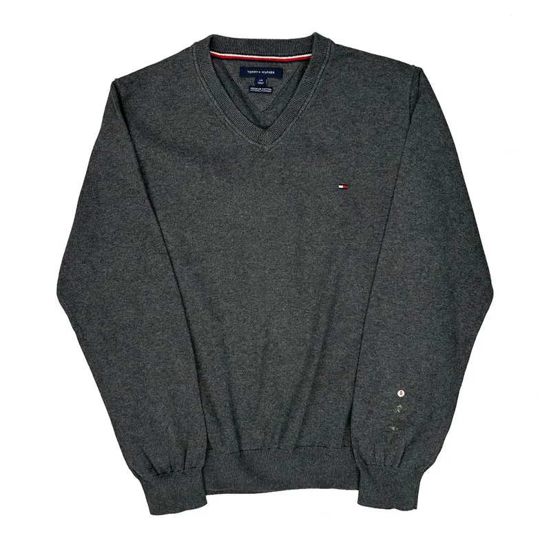 Tommy Hilfiger V-Neck Jumper - Large Grey Cotton