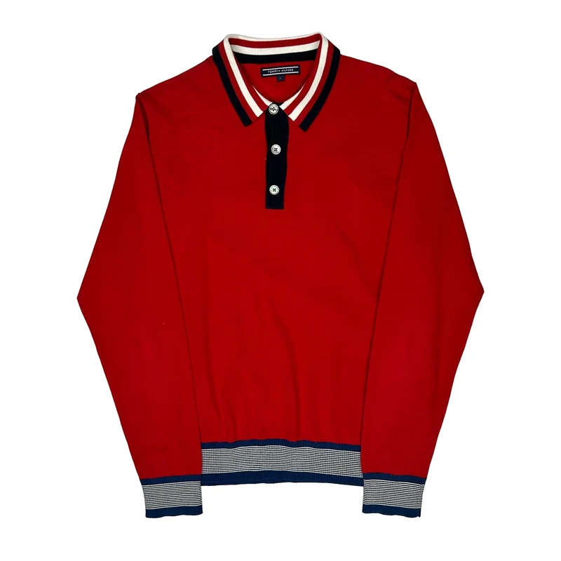 Tommy Hilfiger Striped Jumper - Large Red Cotton