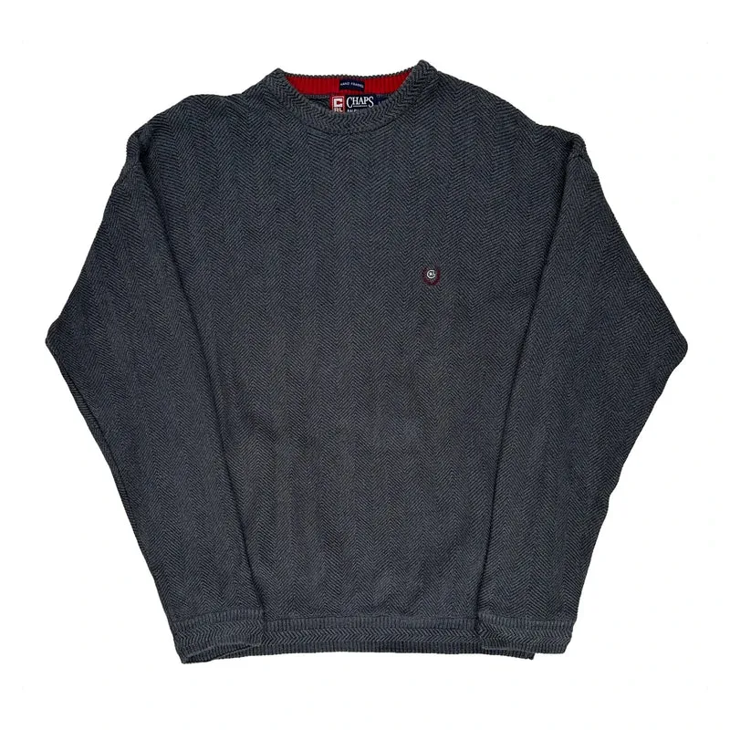 90S Hand Framed Chaps Ralph Lauren Herringbone Jumper - Large Grey Cotton