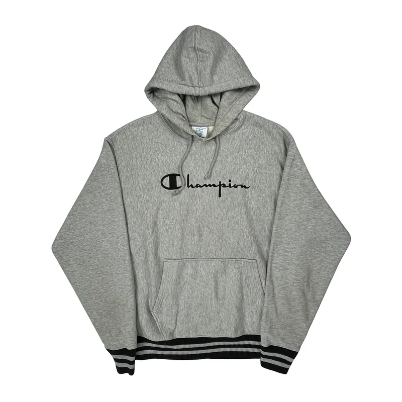 Reverse Weave Champion Spellout Hoodie - Large Grey Cotton