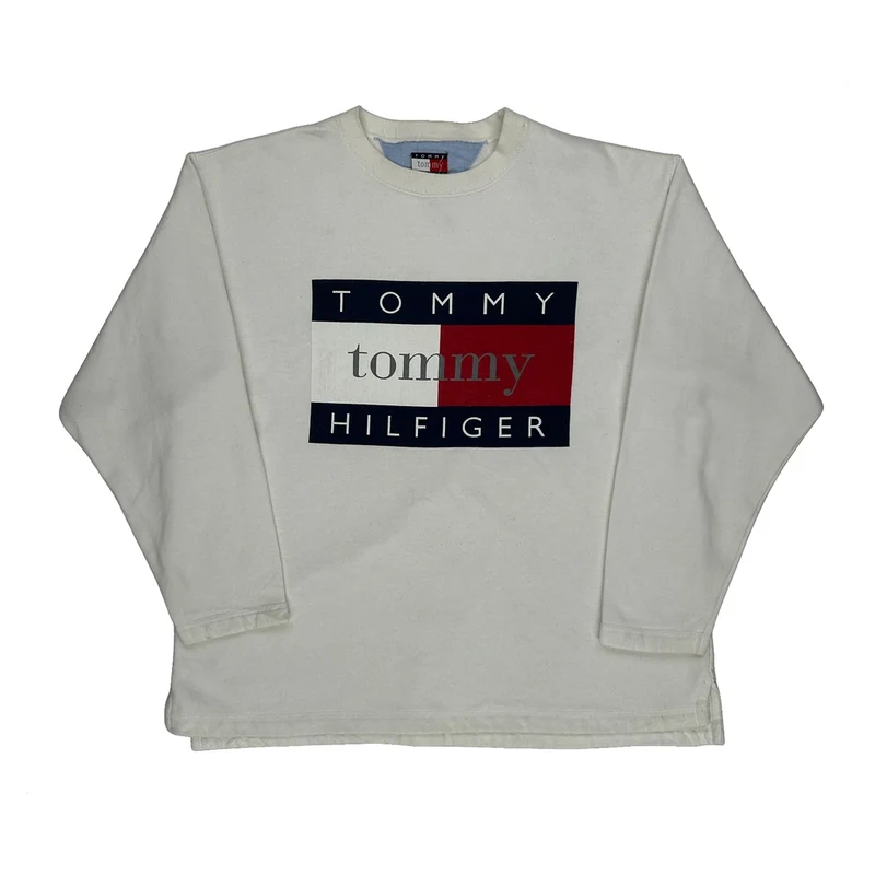 90S Tommy Hilfiger Spellout Sweatshirt - Large White Cotton