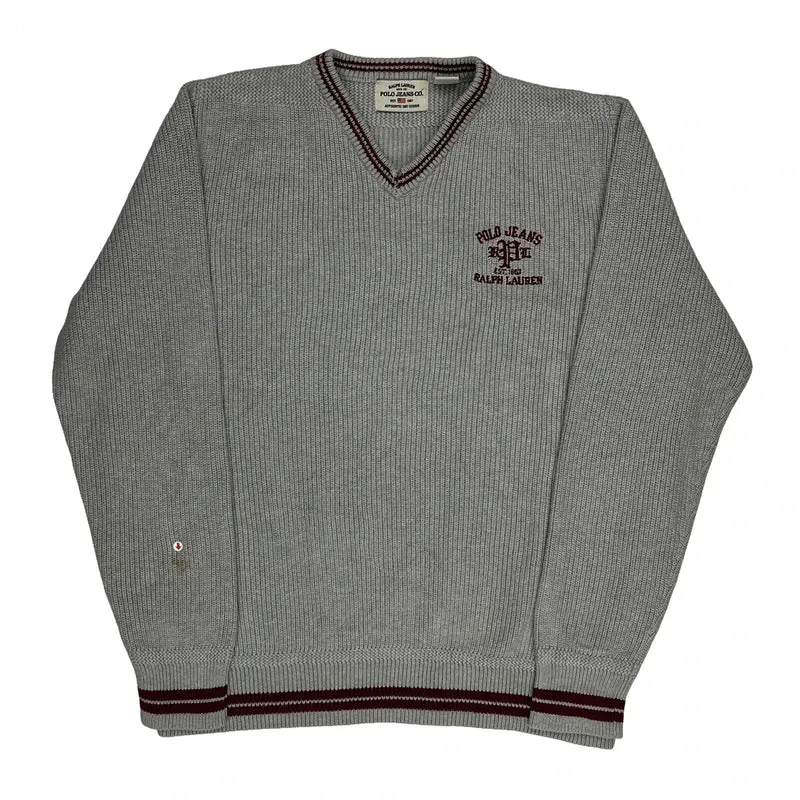 Polo By Ralph Lauren V-Neck Jumper - Large Grey Cotton