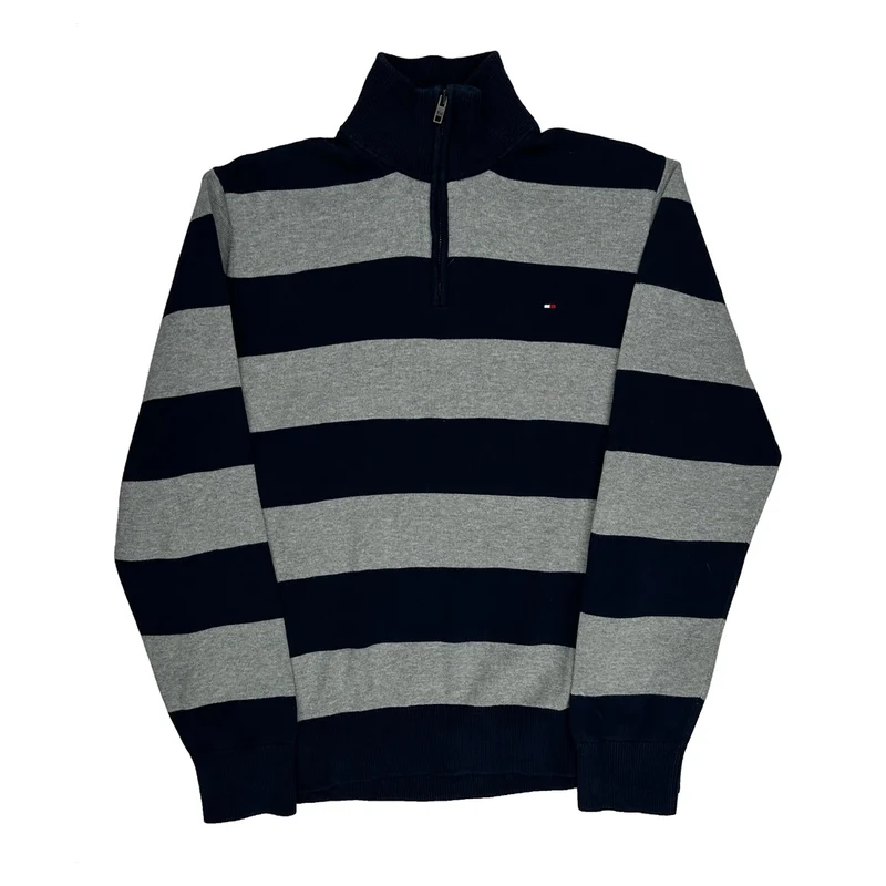 Tommy Hilfiger Striped 1/4 Zip - Large Grey Cotton
