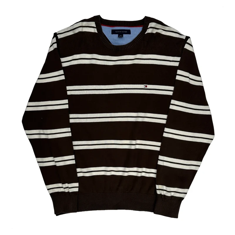 Tommy Hilfiger Striped Jumper - Large Brown Cotton