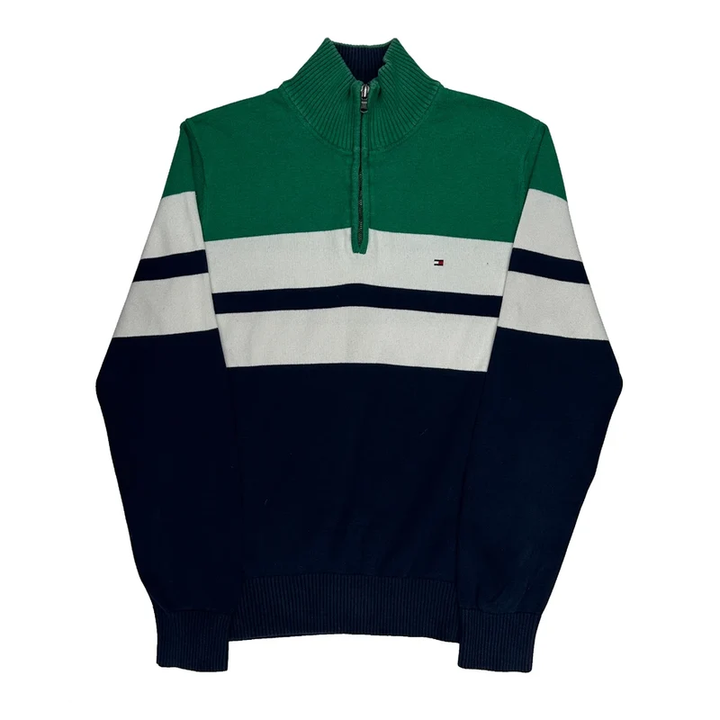Tommy Hilfiger Striped 1/4 Zip - Medium Green Cotton