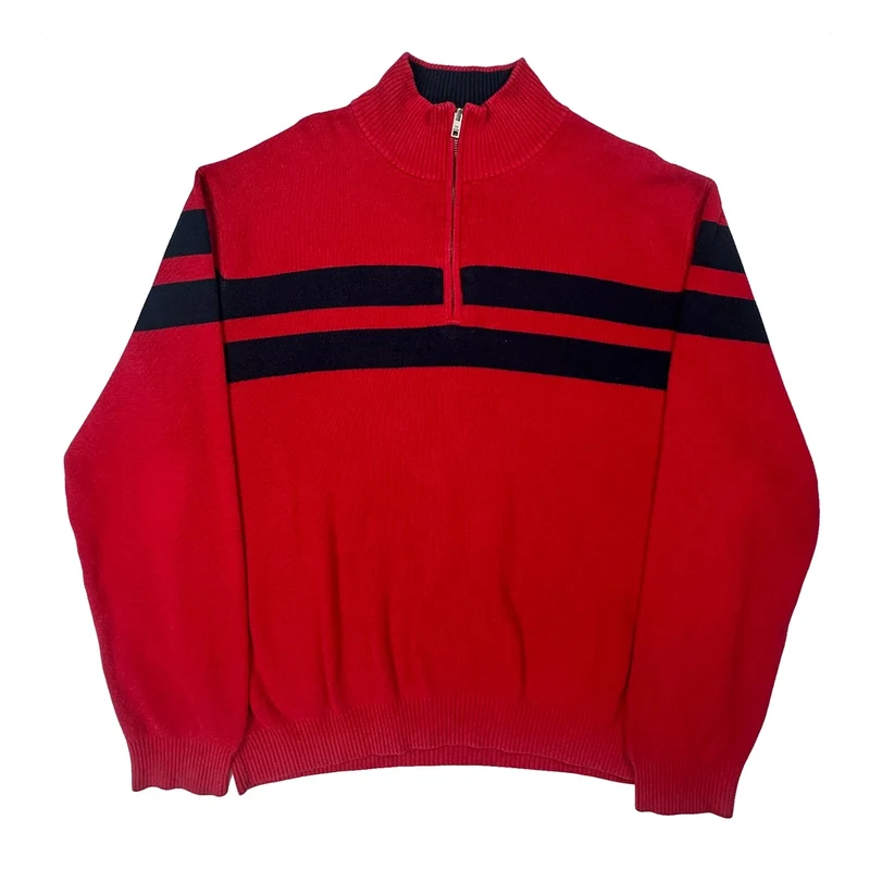 Tommy Hilfiger Striped 1/4 Zip - XL Red Cotton