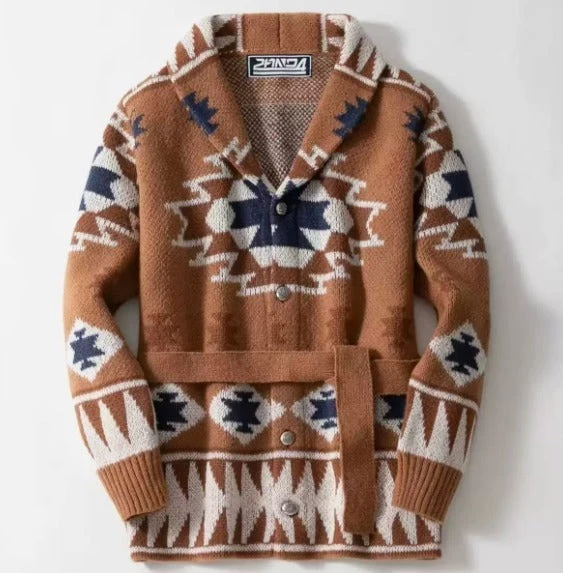 Heren Gebreide Cardigan met Jacquardpatroon en Sjaalkraag