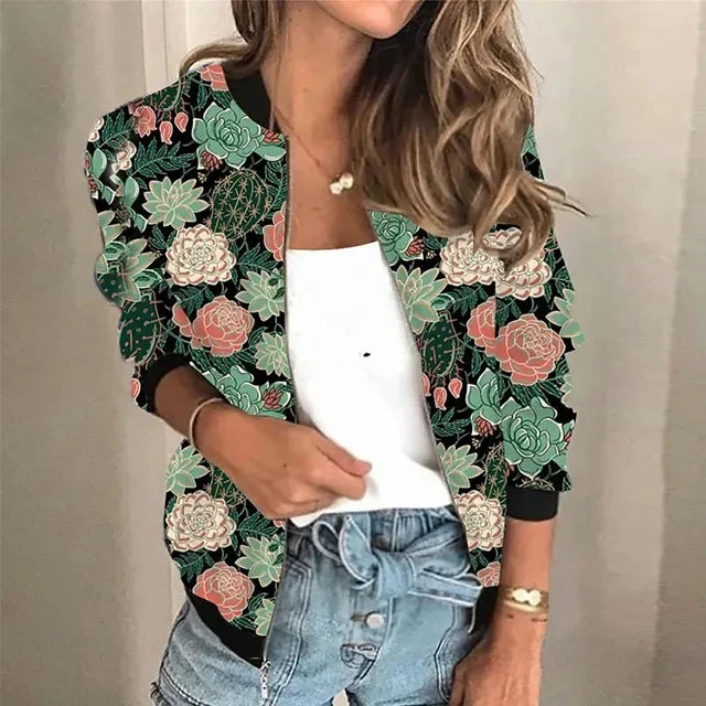Dames Trendy Jack met Opvallende Print en Handige Ritssluiting