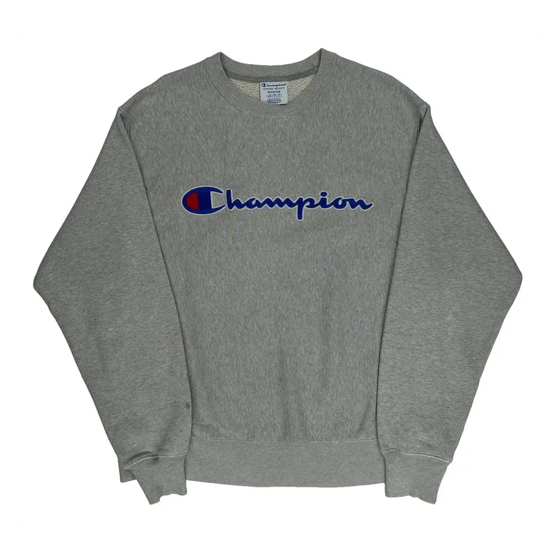 Reverse Weave Champion Spellout Sweatshirt - Medium Grey Cotton