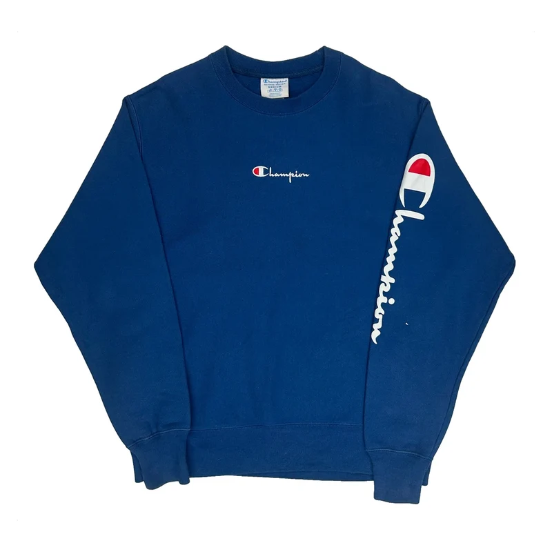 Reverse Weave Champion Spellout Sweatshirt - Medium Blue Cotton Blend