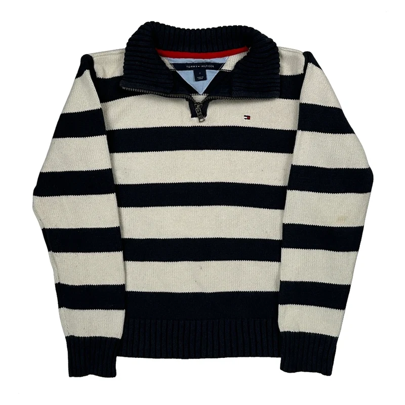 Age 7 Tommy Hilfiger Striped 1/4 Zip - Small Black & White Cotton