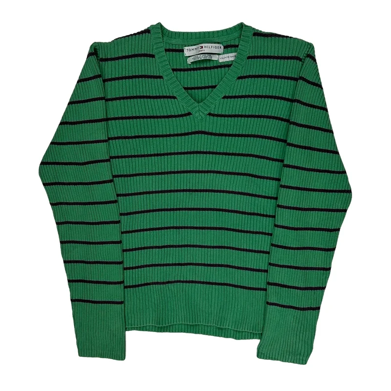 Tommy Hilfiger Striped Jumper - Small Green Cotton