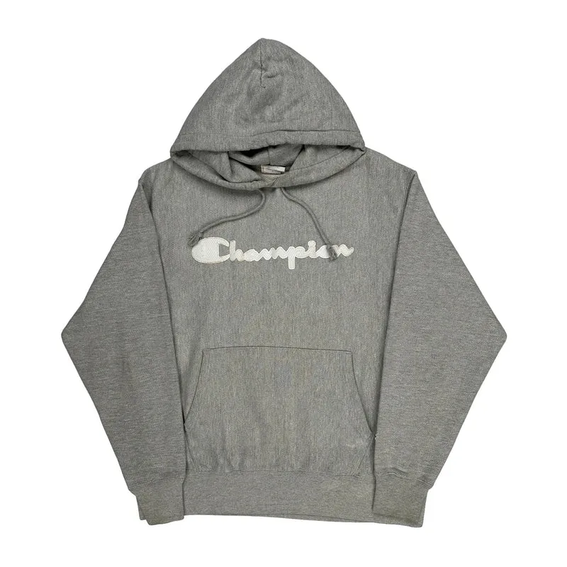 Reverse Weave Champion Spellout Hoodie - Large Grey Cotton