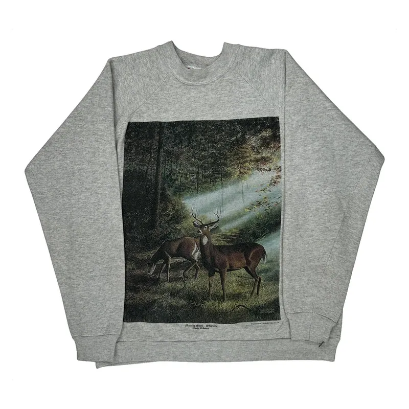 Deer In Forest Print Hanes Graphic Sweatshirt - Large Grey Cotton Blend