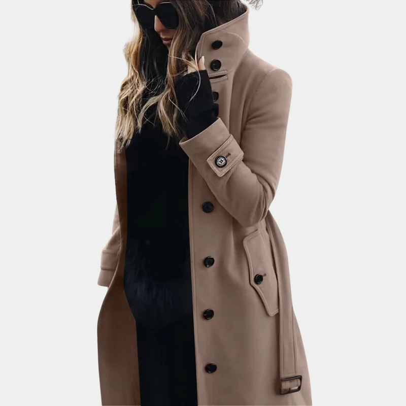 Dames Lange Trenchcoat met Riem en Hoge Kraag