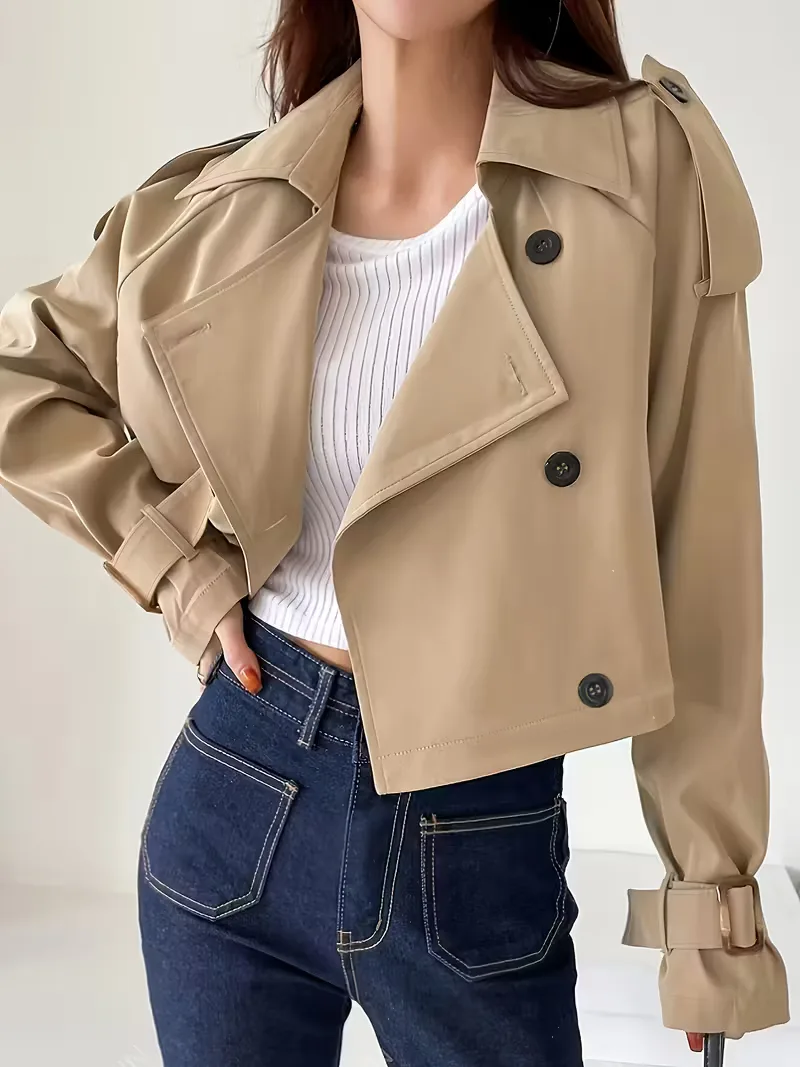 Dames Cropped Trenchcoat met Dubbele Knopen