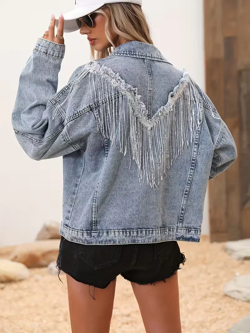 Dames Spijkerjas met Glanzende Franjes en Oversized Pasvorm