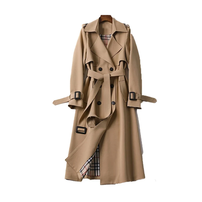 Dames Elegante Lange Trenchcoat met Dubbele Rij Knopen