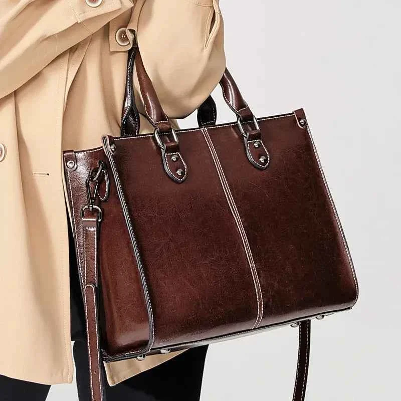 Dameshandtas, crossbodytas, schoudertas, totebag van echt leer, geschikt voor winkelen, mode, kantoor, dameshandtas van echt rundleer met handvat - Dameshandtas van echt leer
