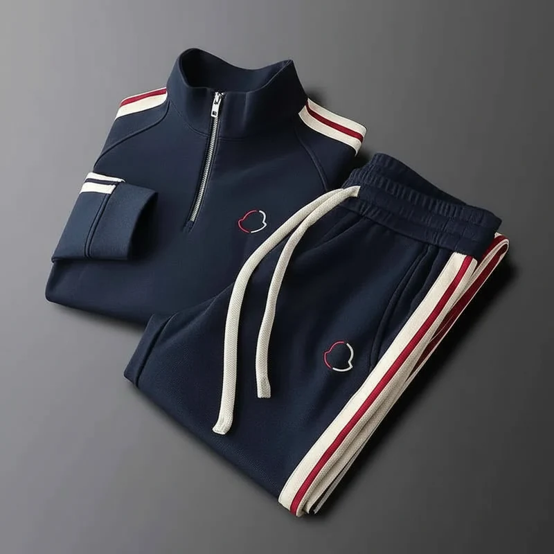 Nieuwe modieuze casual sportset voor heren - trendy hoodie en joggingbroek voor lente, herfst en winter, gebreid ontwerp met zijstrepen.
