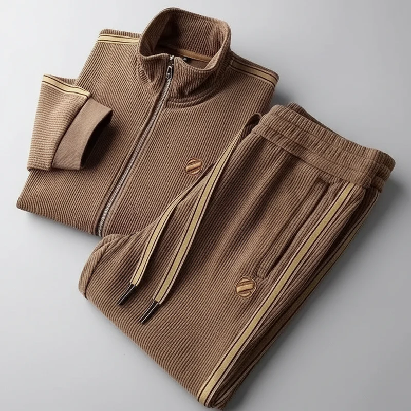 Herenset voor de herfst: tweedelig pak bestaande uit een vest met capuchon en ritssluiting en een joggingbroek met rechte pijpen.