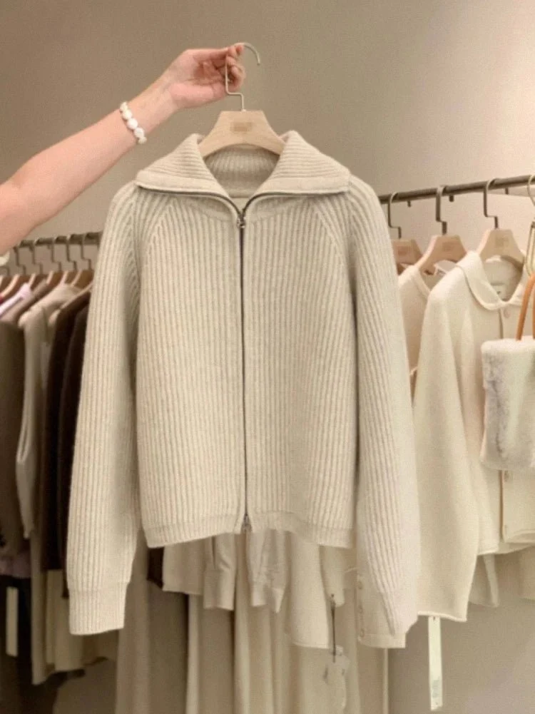 Vest met ritssluiting van kasjmier voor dames - 100% puur, dik gebreid vest met revers voor de herfst en winter.