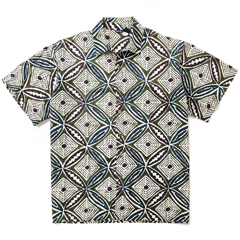1995 Patagonia Surya Batik Cotton Shirt, Big Tapa: Dark Olive (XL)